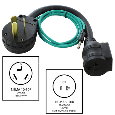 AC WORKS® [S1030CB520] 1.5FT 30A 3-Prong 10-30P Dryer Plug to Household Outlet with 20A Breaker