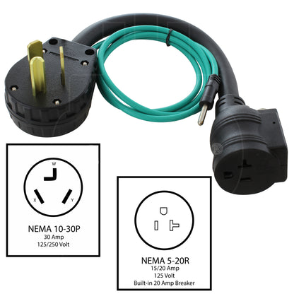 AC WORKS® [S1030CB520] 1.5FT 30A 3-Prong 10-30P Dryer Plug to Household Outlet with 20A Breaker
