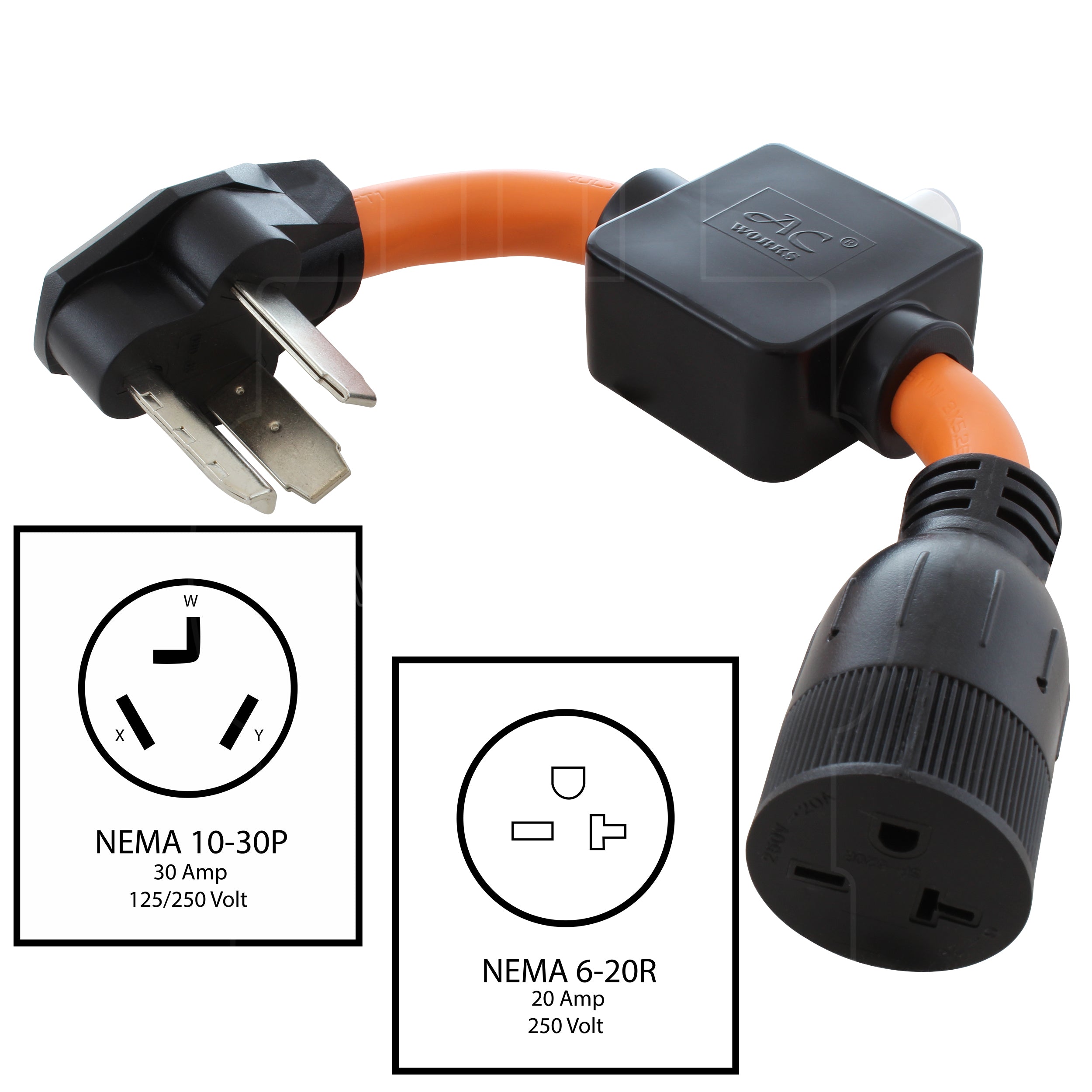 AC WORKS® [S1030CB620] 1FT 30A 3-Prong Dryer Plug to 6-15/20 Outlet with 20A Breaker