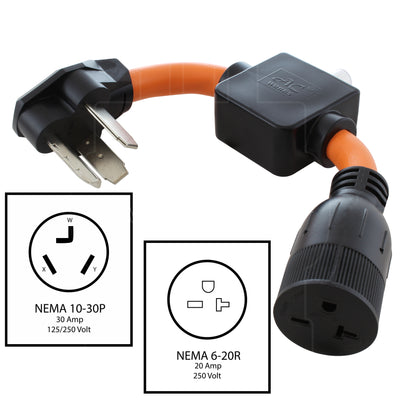 AC WORKS® [S1030CB620] 1FT 30A 3-Prong Dryer Plug to 6-15/20 Outlet with 20A Breaker