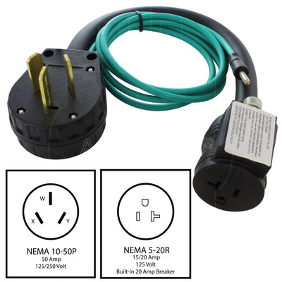 AC WORKS® [S1050CB520] 1.5FT 50A 3-Prong 10-50P Range/Welder Plug to Household Outlet with 20A Breaker
