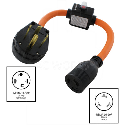 NEMA 14-30P, 30 Amp, 125/250 Volt 4-Prong Dryer Male Plug to NEMA L6-20R, 20 Amp, 250 Volt Female Connector.
The Breaker is Designed to Trip Power when Drawing More than 20 Amps