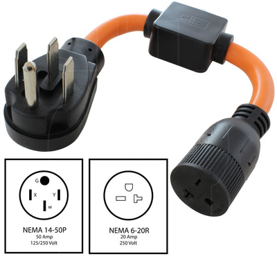 AC WORKS® [S1450CB620] 1FT 50A 14-50P RV/Generator/Range Plug to 6-15/20 Outlet with 20A Breaker