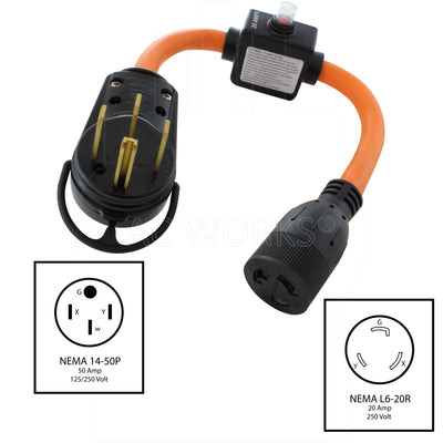 NEMA 14-50P, 50 Amp, 125/250 Volt Male Plug to NEMA L6-20R, 20 Amp, 250 Volt Female Connector