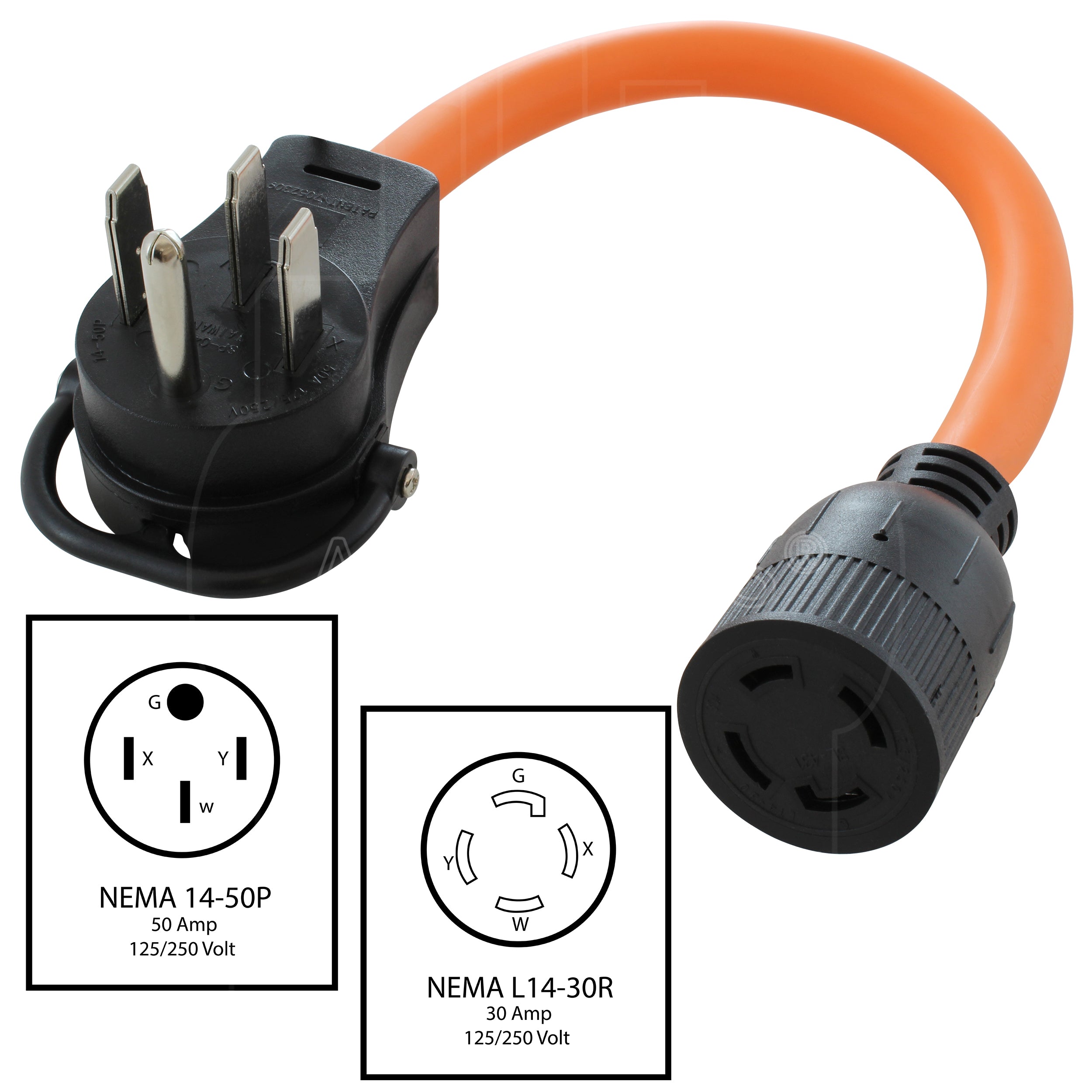 NEMA 14-50P to NEMA L14-30R, 1450 male plug to L1430 female connector, 4- prong cooking range plug to 4-prong 30 amp locking female connector