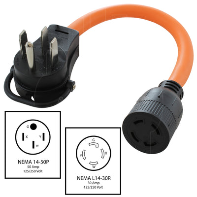 NEMA 14-50P to NEMA L14-30R, 1450 male plug to L1430 female connector, 4- prong cooking range plug to 4-prong 30 amp locking female connector