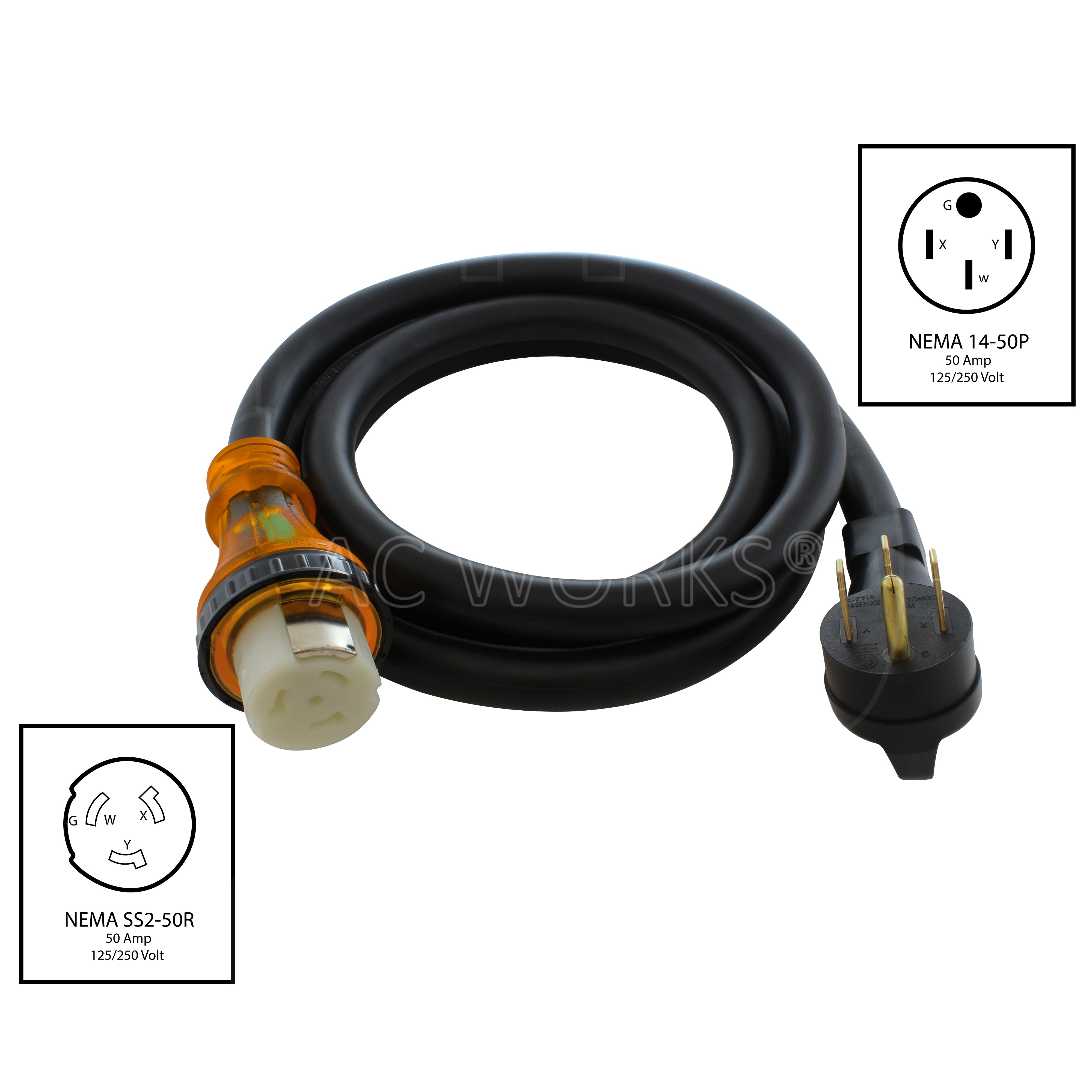 NEMA 14-50P to NEMA SS2-50R 4-prong 50A power cord