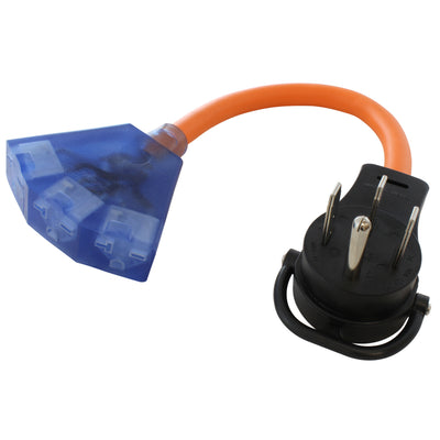 AC WORKS® [S1450W620-018] 1.5FT 50A 4-Prong RV/Range 14-50P Plug to (3) NEMA 6-15/20 Tri-Outlets