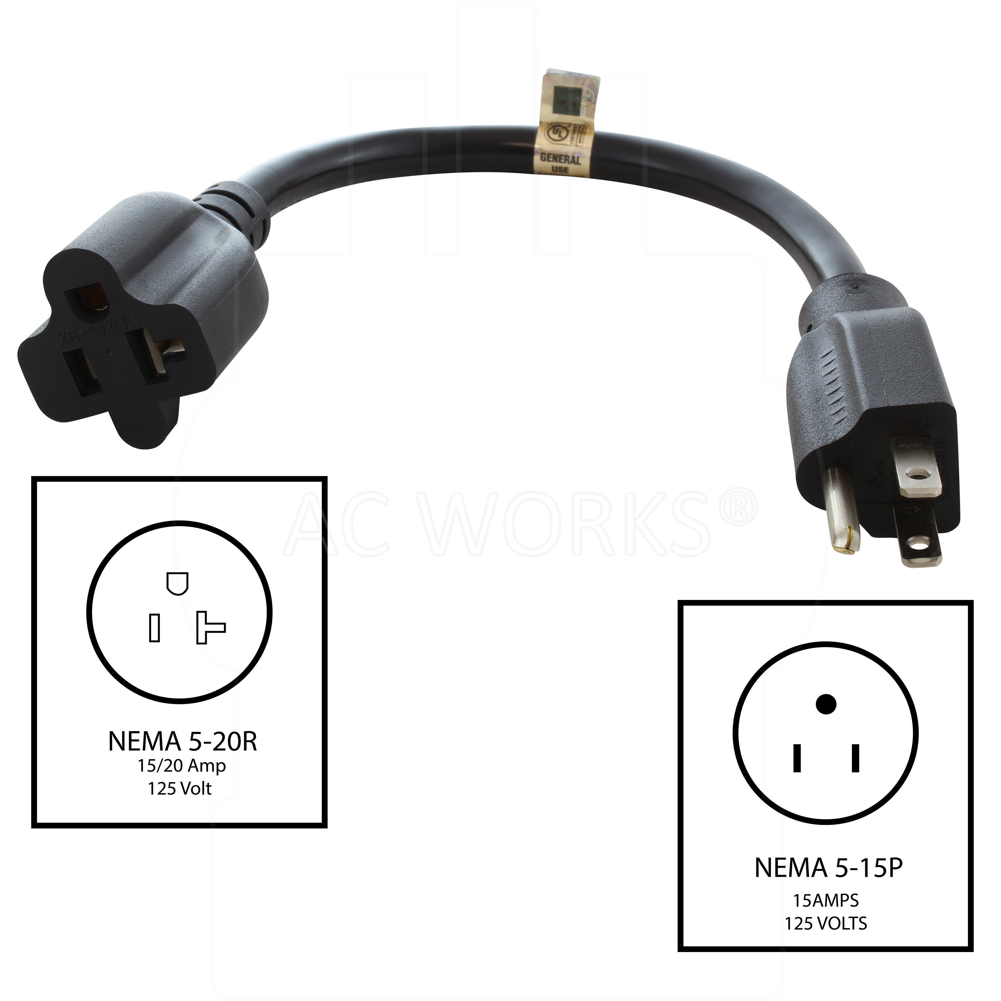 NEMA 5-15P, 15 Amp, 125 Volt Male Plug to NEMA 5-15/20R, 20 Amp, 125 Volt Female Connector