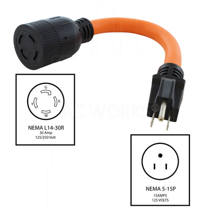 AC WORKS® [S515L1430-012] 1FT 15-Amp Household Plug to L14-30R 30A 125/250V 4-Prong Connector