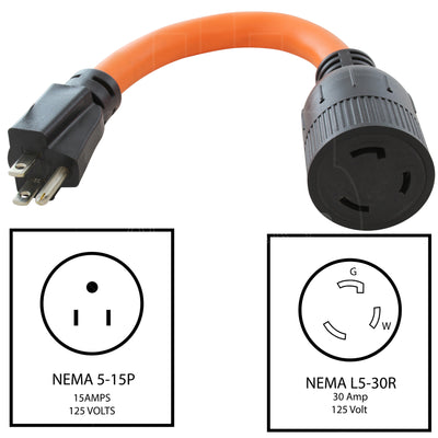 AC WORKS® [S515L530-012] 1FT STW 10/3 NEMA 5-15P 15A Household Plug to NEMA L5-30R 30A Adapter
