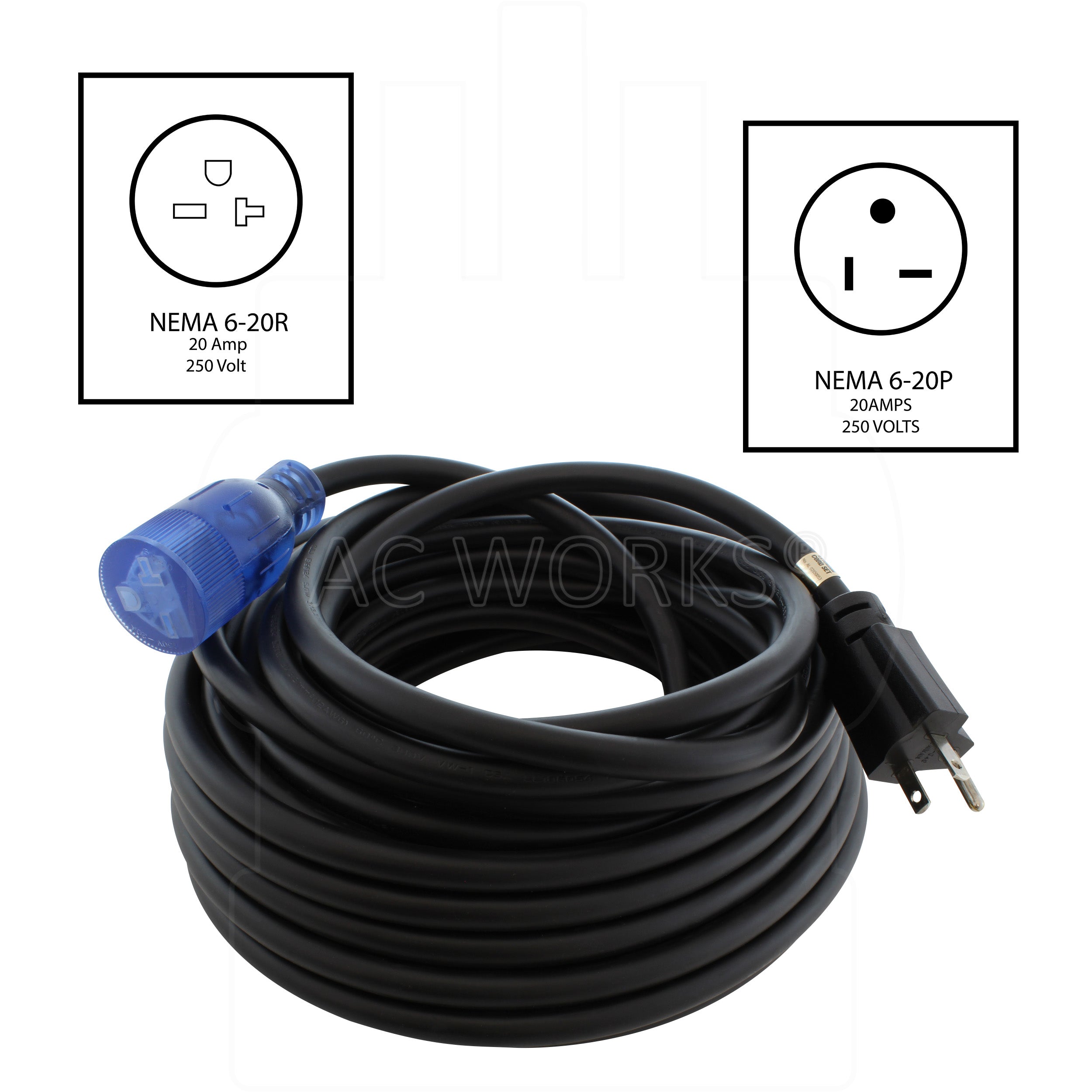 AC WORKS® [S620PR] 20A 250 Volt SJTW 12/3 NEMA 6-20 Extension Cord with Lighted End