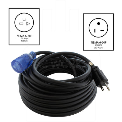 AC WORKS® [S620PR] 20A 250 Volt SJTW 12/3 NEMA 6-20 Extension Cord with Lighted End