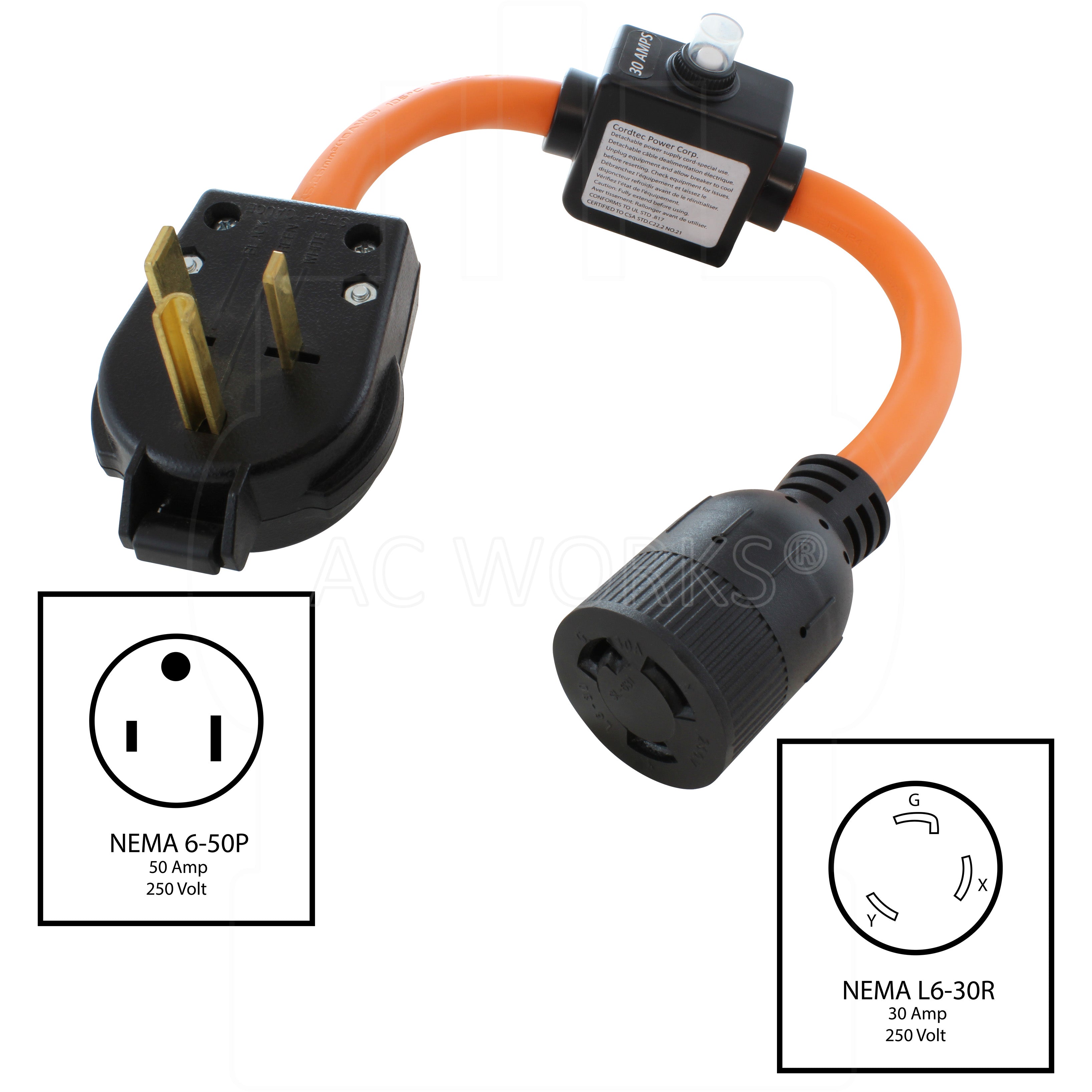 NEMA 6-50P, 50 Amp, 250 Volt Male Plug to NEMA L6-30R, 30 Amp, 250 Volt Female Connector
