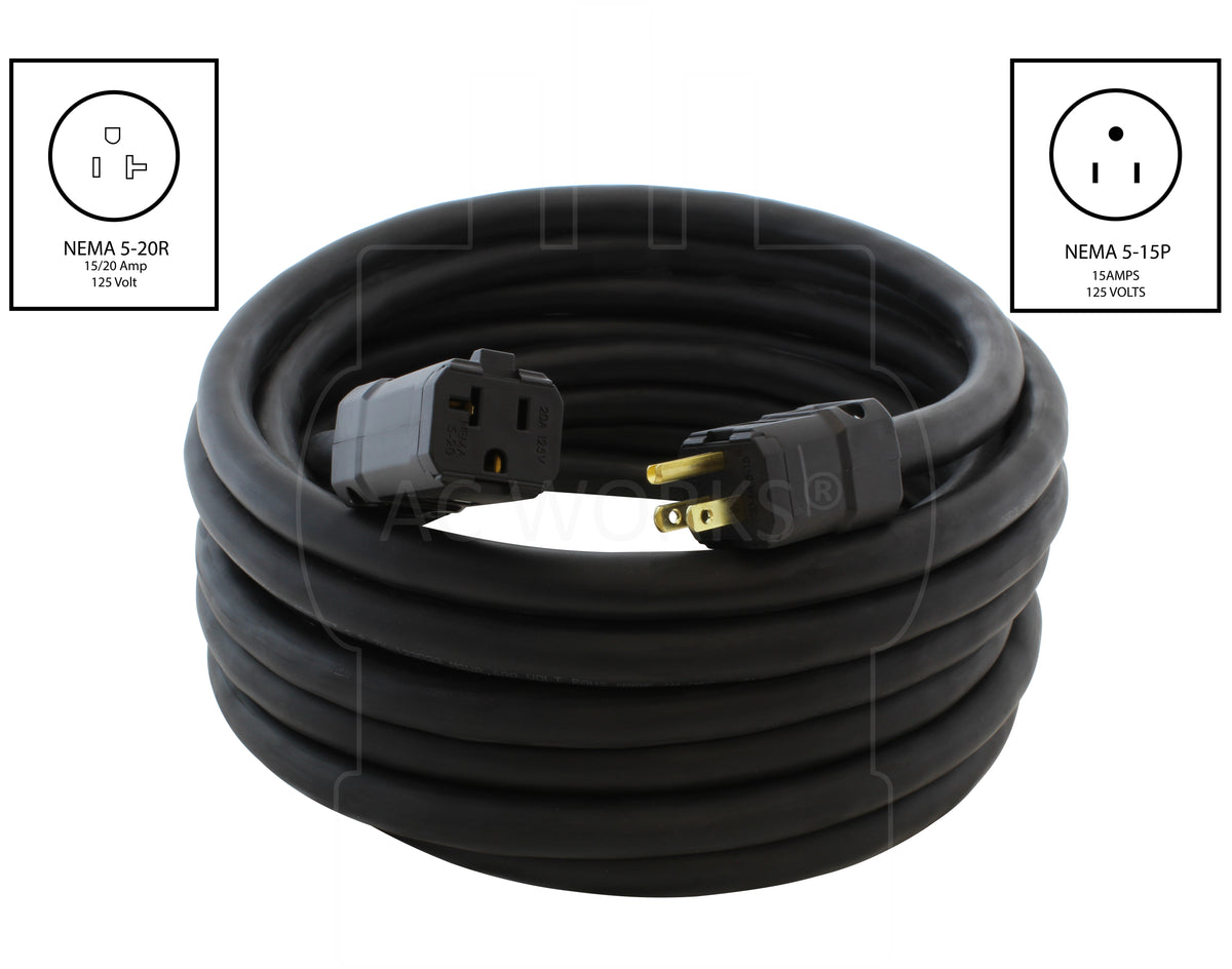 AC WORKS® [SD515520] SOOW 10 Gauge NEMA 5-15P to NEMA 5-20R 15/20A Super Duty Rubber Extension Cord