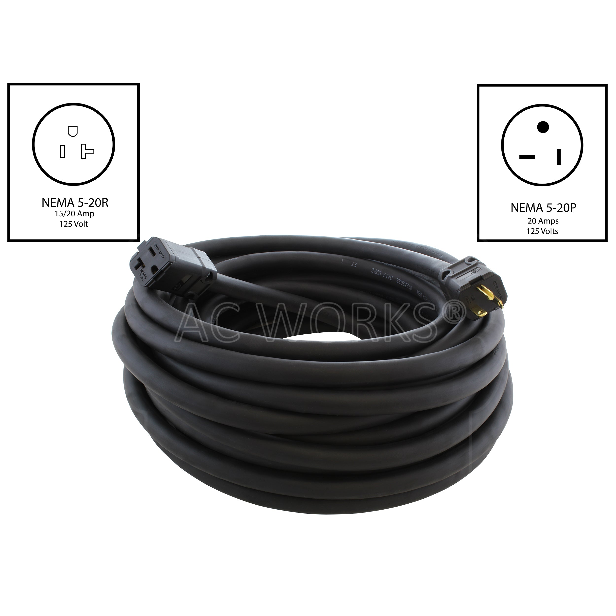 AC WORKS® [SD520PR] SOOW 10 Gauge 20A 125 Volt NEMA 5-20  Over Kill Super Duty Rubber Extension Cord