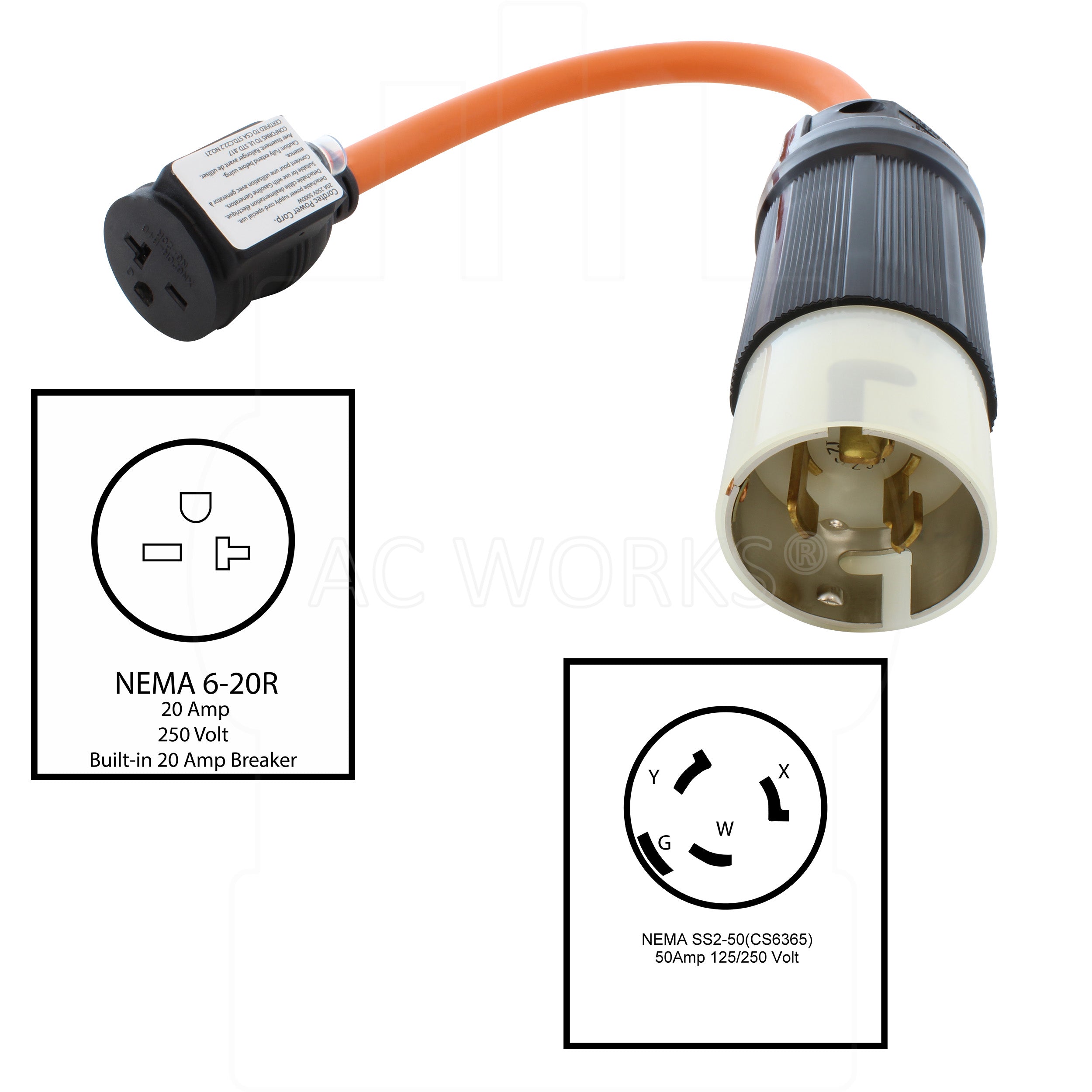 NEMA SS2-50P to NEMA 6-20R with 20A breaker