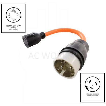 AC WORKS® [SS2L1430-018] 1.5FT 50A 125/250V SS2-50P/CS6365 Plug to L14-30 4-Prong Locking Adapter