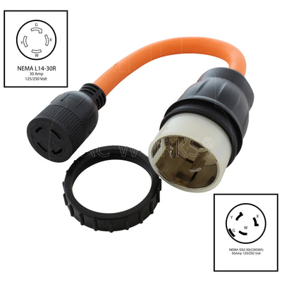 AC WORKS® [SS2L1430-018] 1.5FT 50A 125/250V SS2-50P/CS6365 Plug to L14-30 4-Prong Locking Adapter