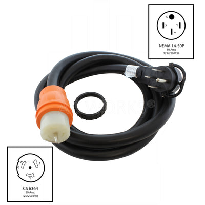 NEMA 14-50P, 50 amp, 125/250 volt male 4 prong plug to NEMA CS6364, 50 amp, 125/250 volt female connector