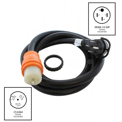 NEMA 14-50P, 50 amp, 125/250 volt male 4 prong plug to NEMA CS6364, 50 amp, 125/250 volt female connector