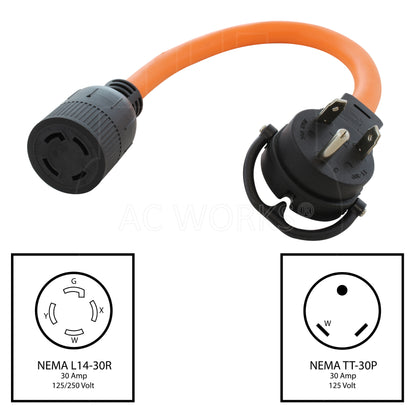 NEMA TT-30P to NEMA L1430R, TT-30 male plug to L1430 female connector, 3-prong 30 Amp straight blade plug to 30Amp 4-prong locking connector