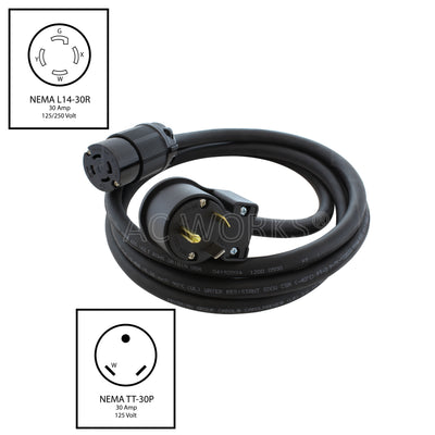 NEMA TT-30P, 30 Amp, 125 Volt, male plug to NEMA L14-30R 30 Amp, 125/250 Volts female connector