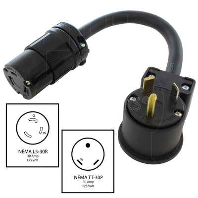 AC WORKS® [TT30L530-018] 1.5ft  RV 30A 125V TT-30P to NEMA L5-30R 30Amp 125V Locking Female Adapter Cord