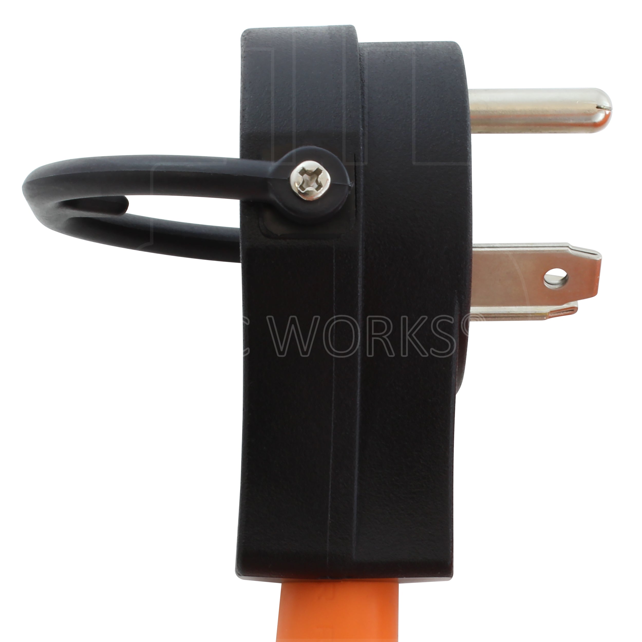 Side view of NEMA TT-30P, 30 amp 125 volt male plug. 3-prong, straight blade with handle