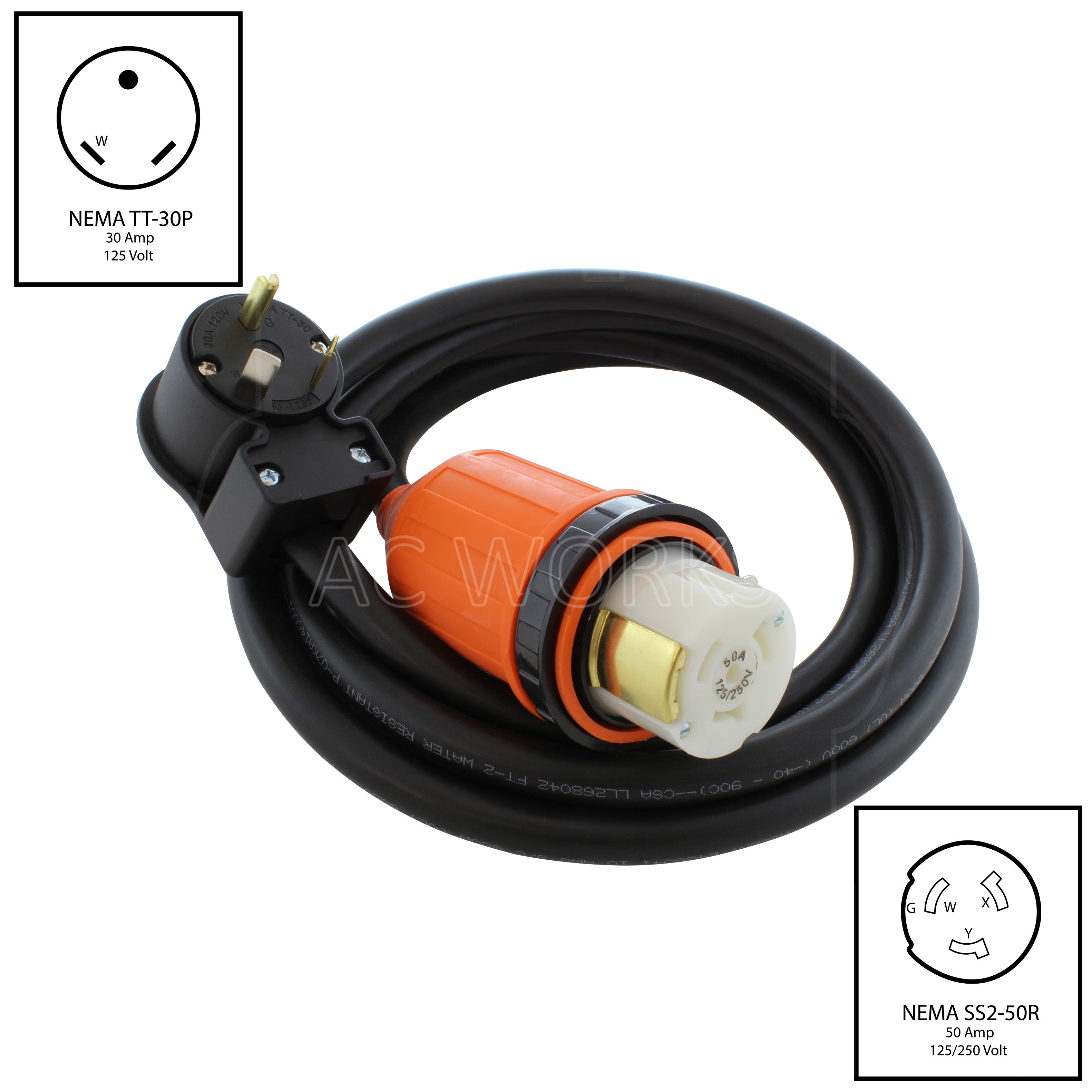AC WORKS® [TTM50] RV 30A TT-30P Plug to SS2-50R RV/Marine 50A Detachable Inlet Connection