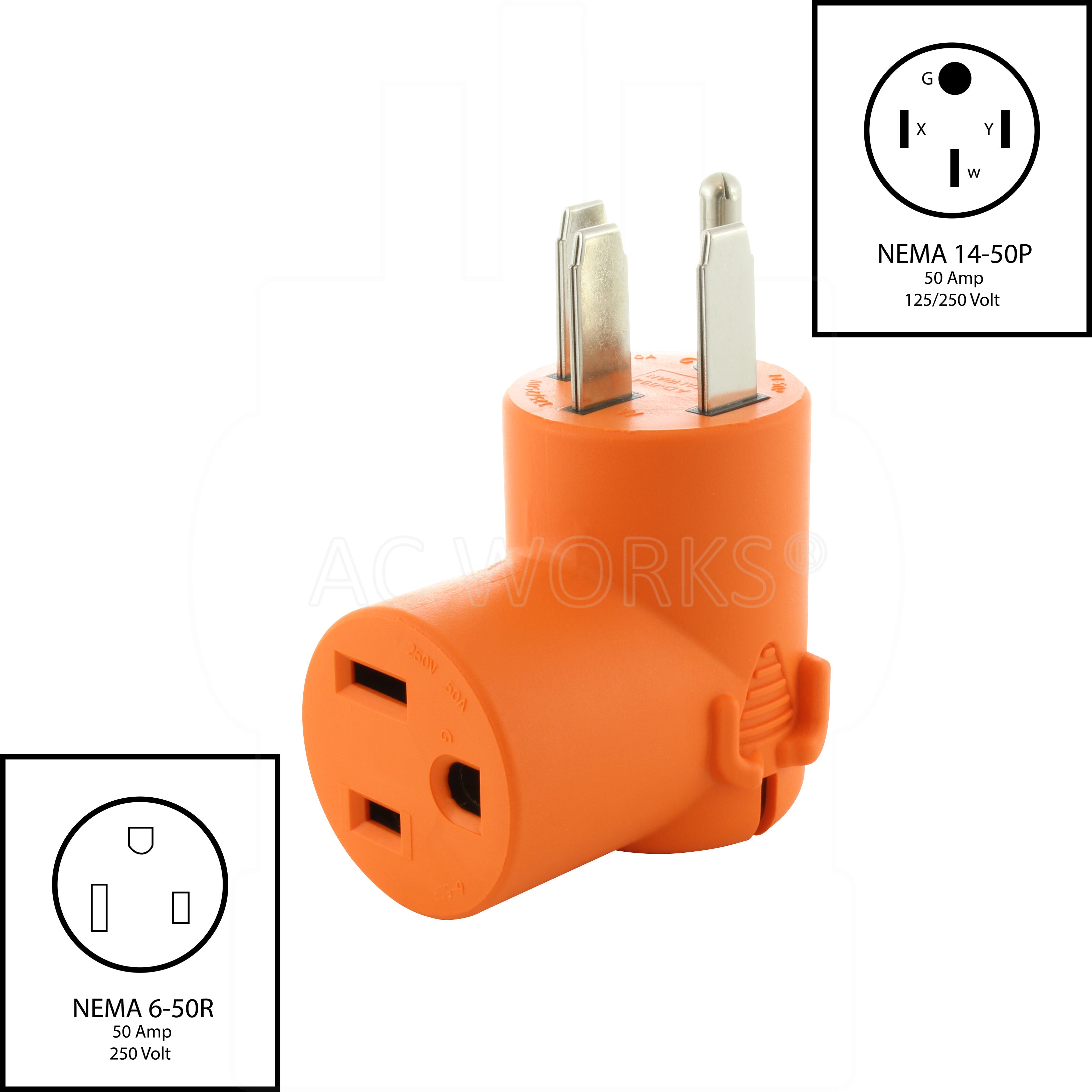 NEMA 14-50P to NEMA 6-50R, 1450 plug to 650 connector, 50 amp generator plug to 50 amp welder connector
