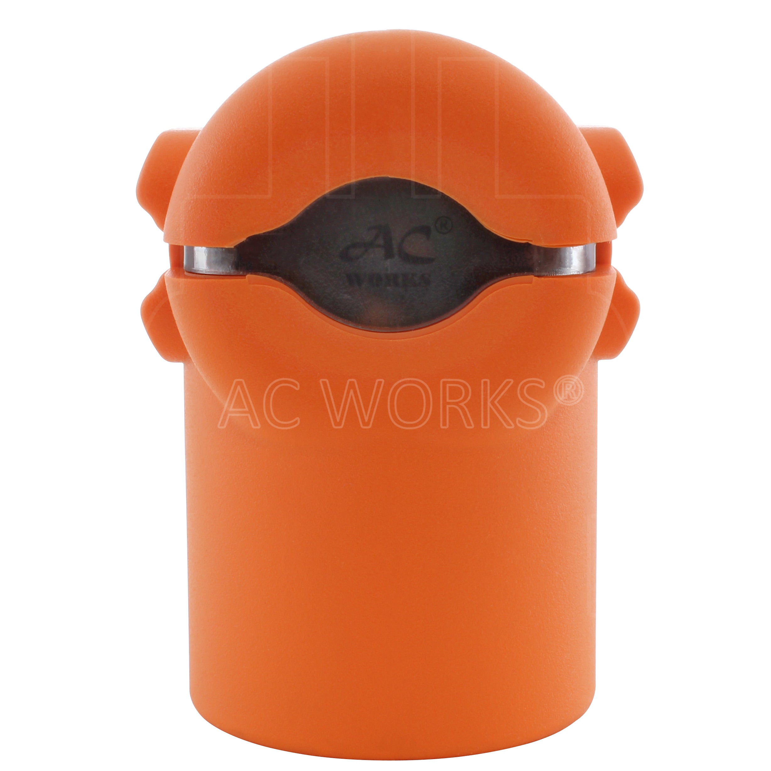 AC Works brand orange, compact, electrical adapter