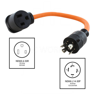 NEMA L14-30P to NEMA 6-50R, L1430 male plug to 650 female connector, 4-prong 30 amp locking generator plug to 3-prong 50 amp female connector