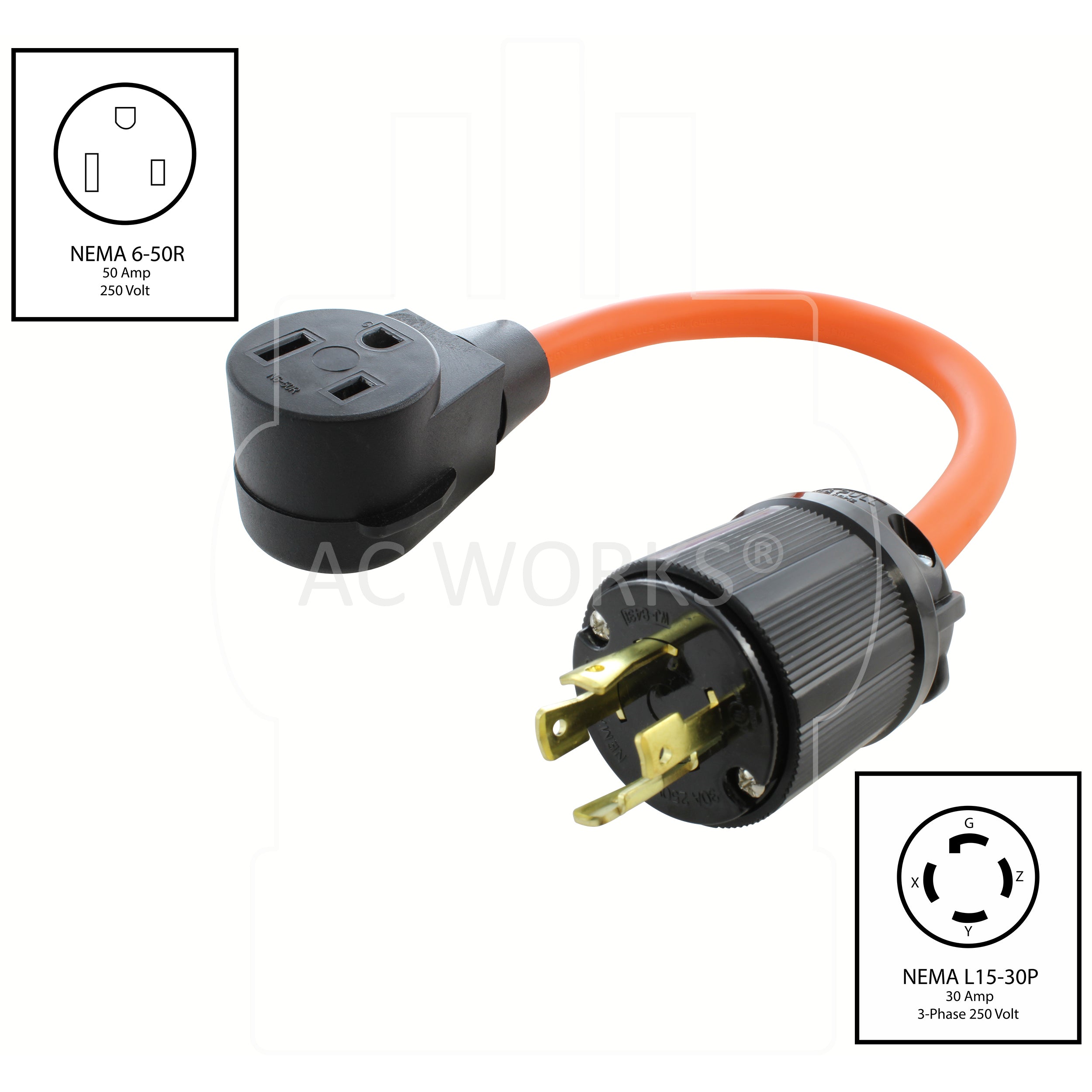 AC WORKS® [WDL1530650-018] 1.5FT 4-Prong 3-Phase 30A 250V L15-30 Plug to NEMA 6-50R Welder Adapter