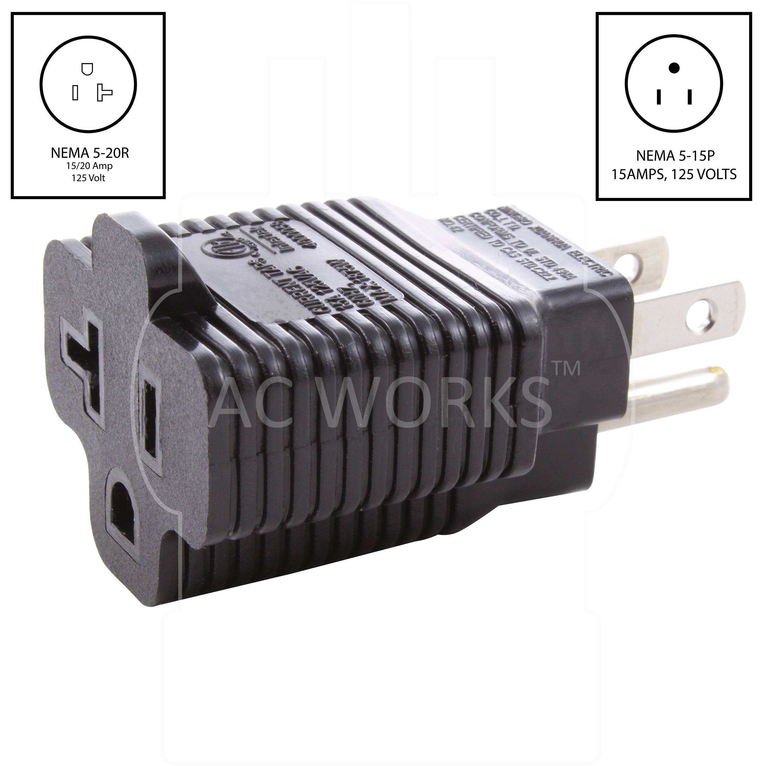 AC WORKS® [XH515520] 15A to 15/20A 125 Volt Plug Adapter with ETL Safety Approval