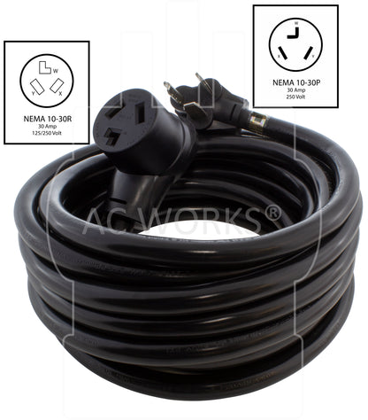 AC WORKS® 30 Amp 250 Volt Extension Cord NEMA 10-30P to NEMA 10-30R