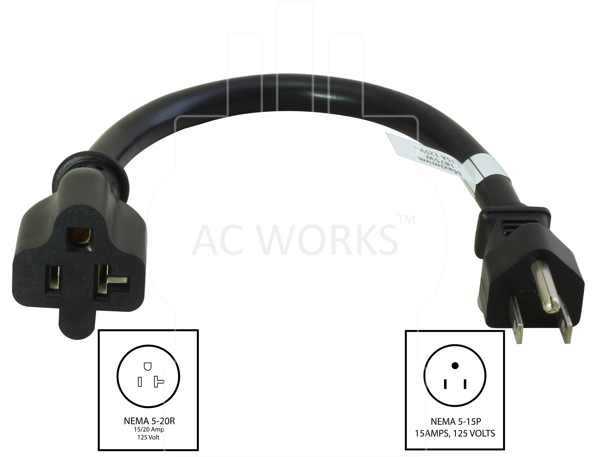 AC WORKS® [WS515520-012] 1 ft. 12/3 SJTW 15Amp to 20 Amp Adapter Cord