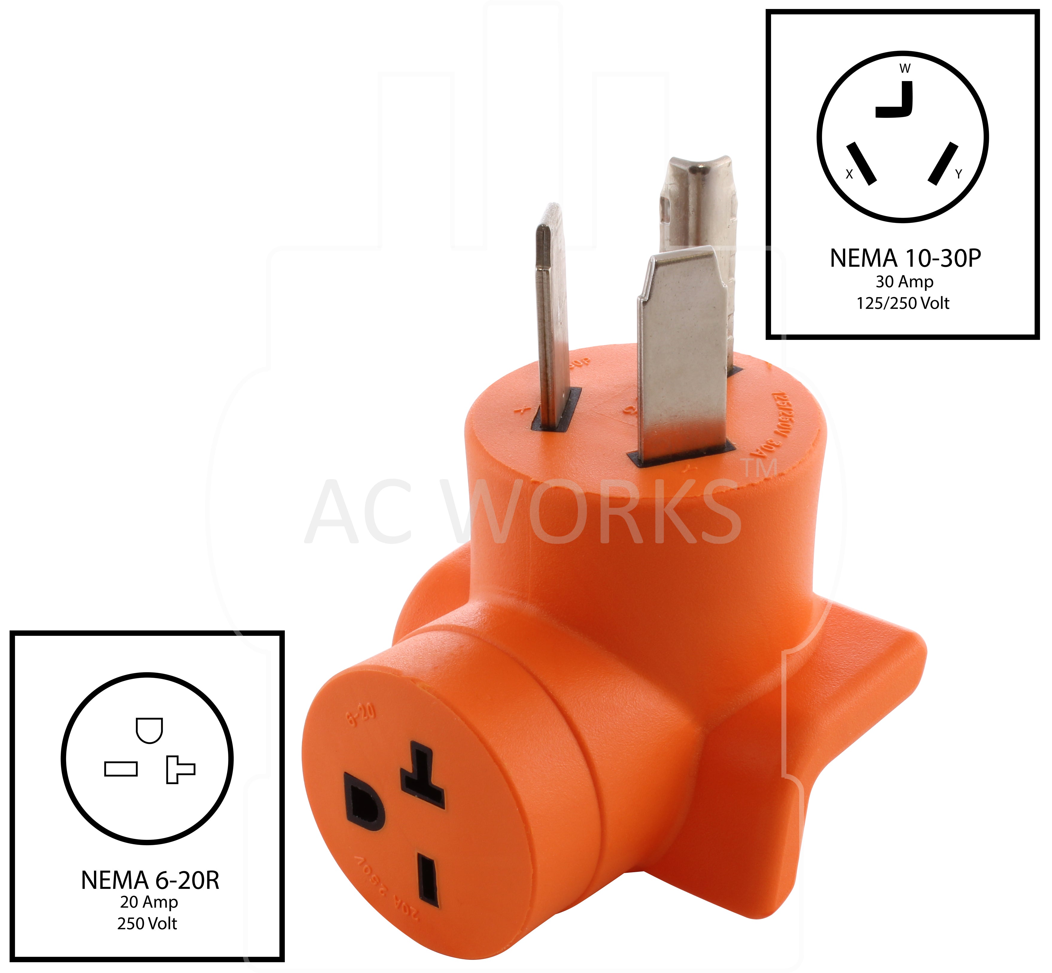 Right Angle NEMA 10-30P to NEMA 6-20R Adapter by AC WORKS®