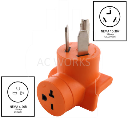 Right Angle NEMA 10-30P to NEMA 6-20R Adapter by AC WORKS®