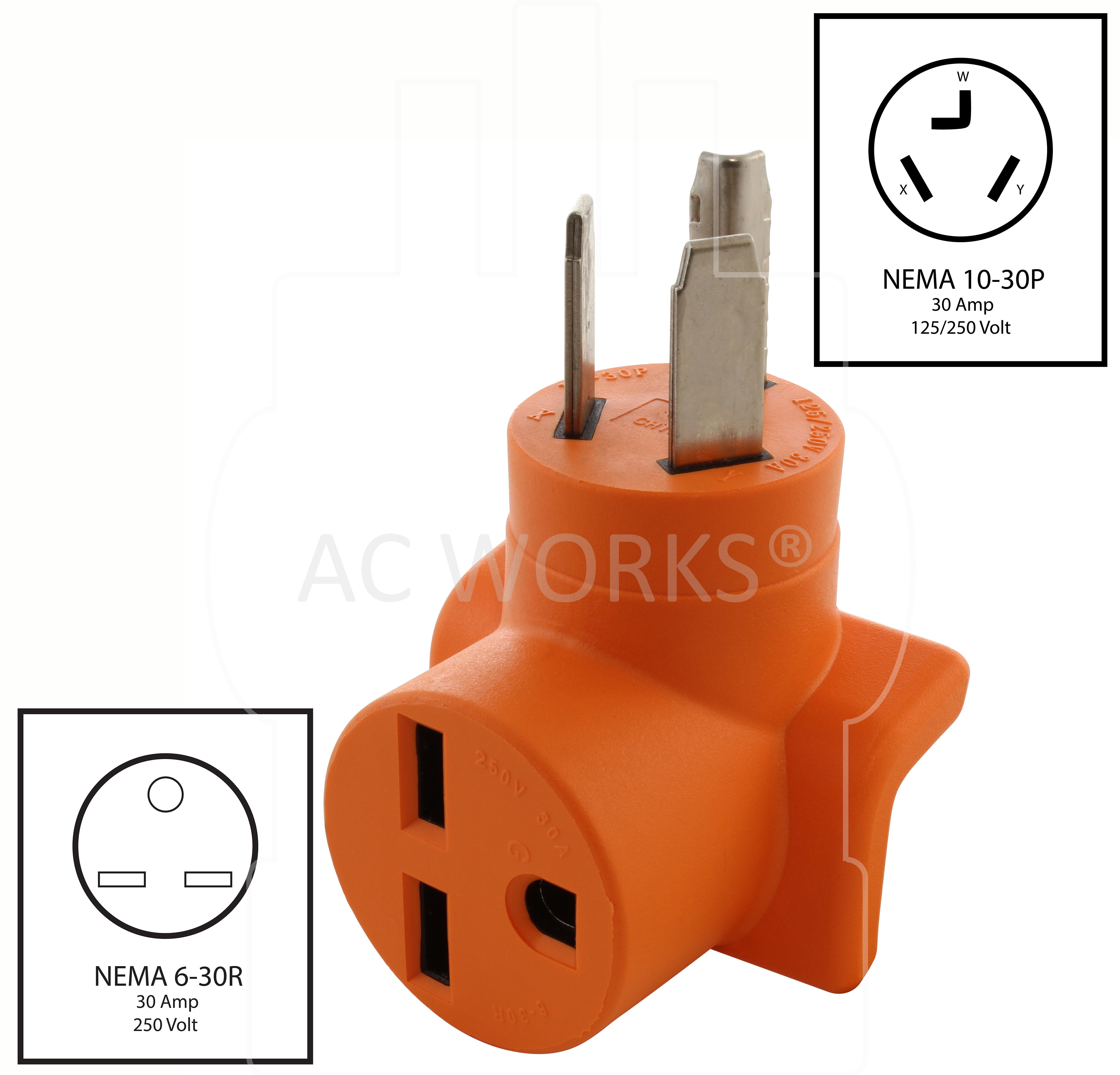 NEMA 10-30P 3-Prong Old Style Dryer Plug to NEMA 6-30R 30 Amp Air Conditioner HVAC Elbow Adapter