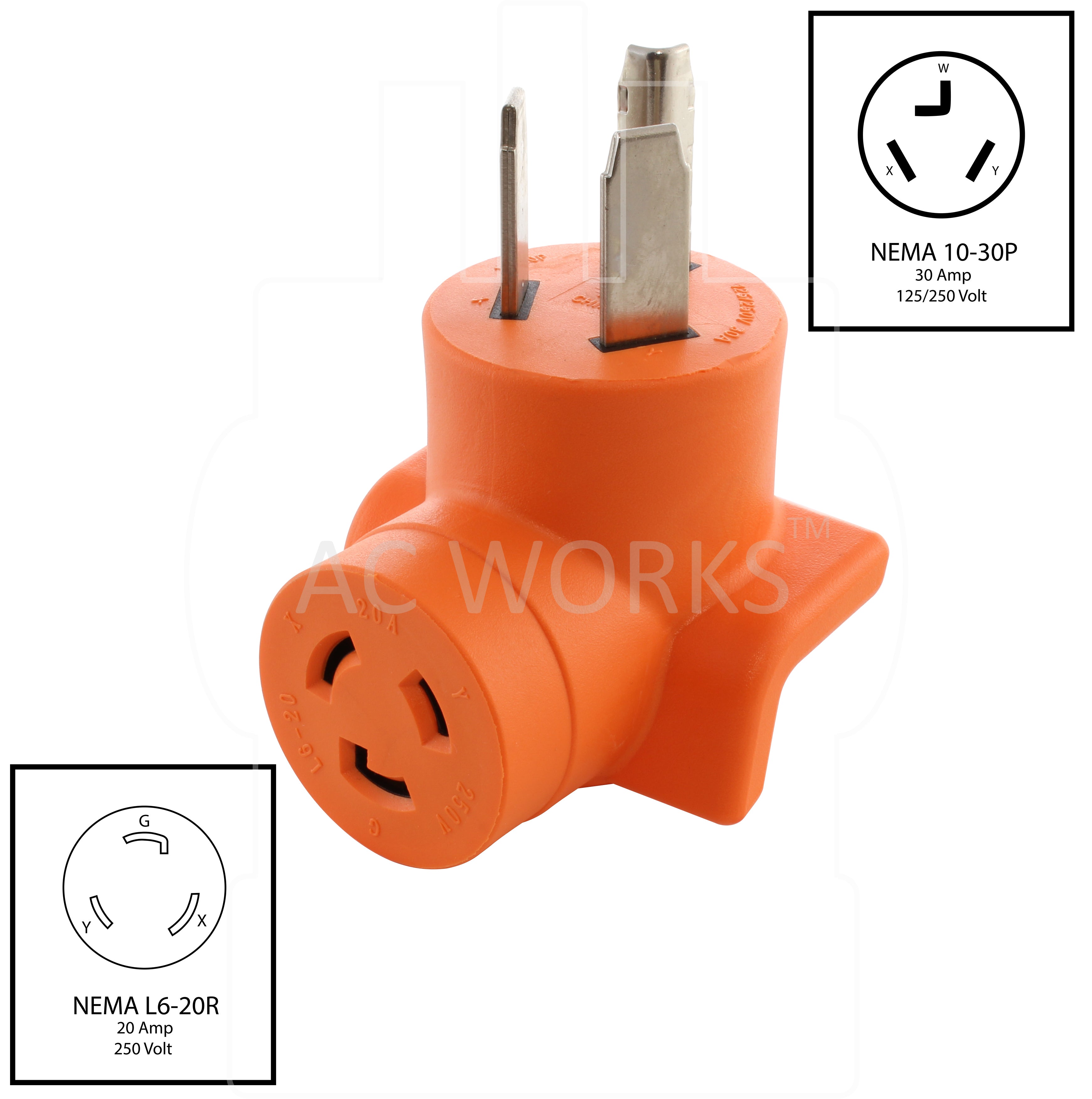 NEMA 10-30P to NEMA L6-20R adapter