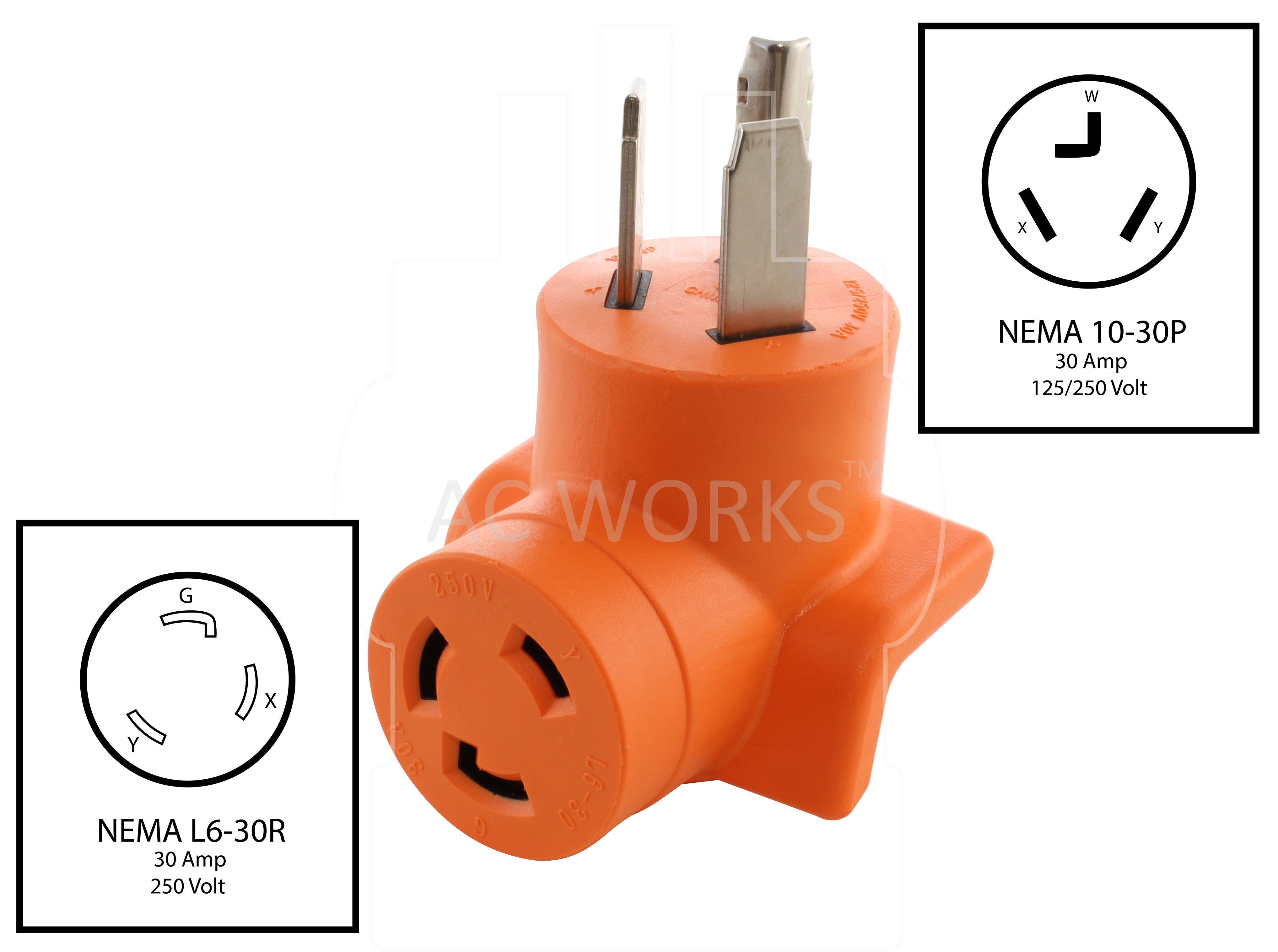 NEMA 10-30P 3-Prong Dryer Plug to NEMA L6-30R 30 Amp 250 Volt 3-Prong Twist Lock Connector