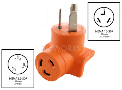 NEMA 10-30P 3-Prong Dryer Plug to NEMA L6-30R 30 Amp 250 Volt 3-Prong Twist Lock Connector