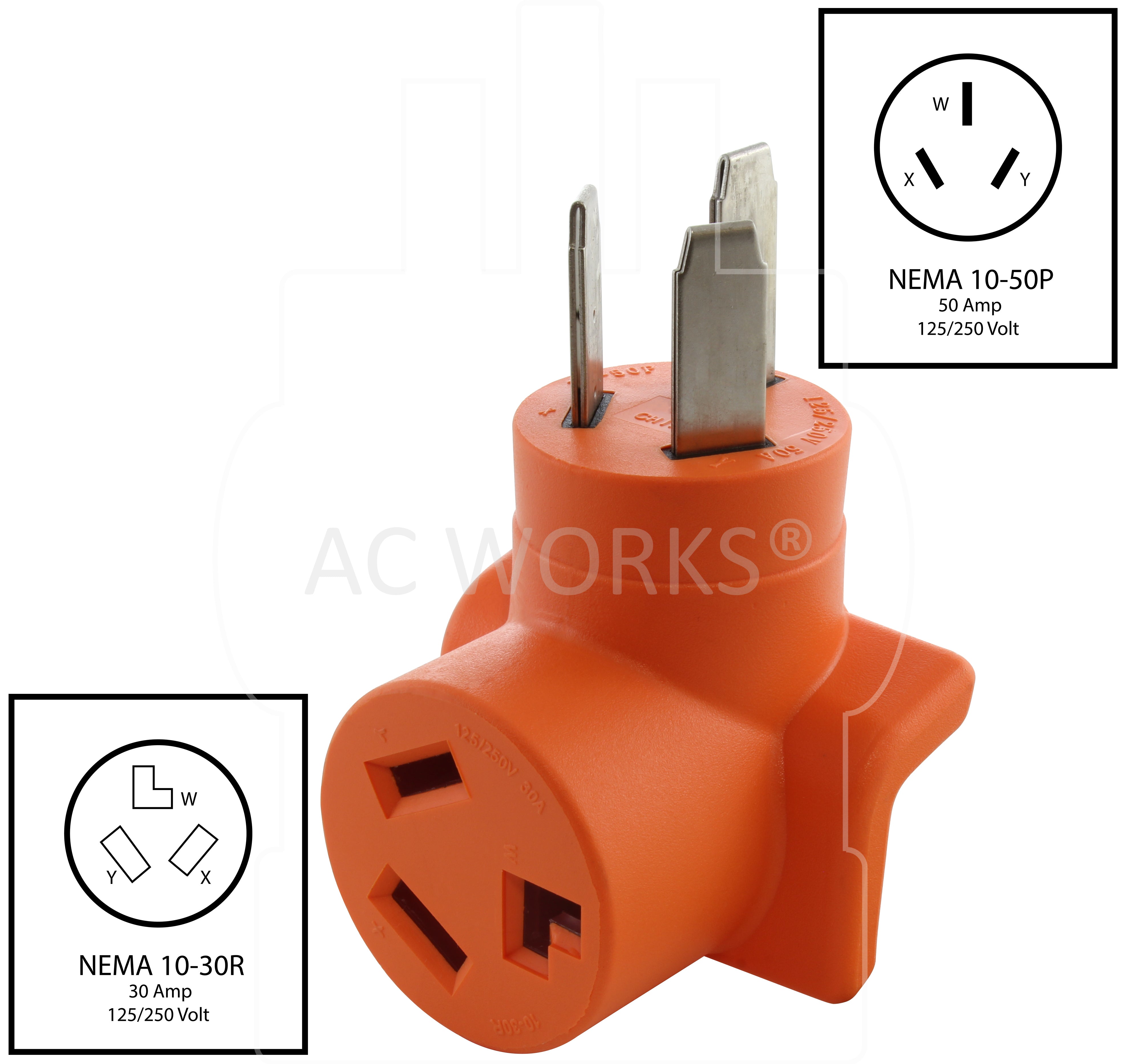 AC WORKS® NEMA 10-50P 50 Amp Old Style Welder Male Plug to NEMA 10-30R 30 Amp 3-Prong Dryer Connector