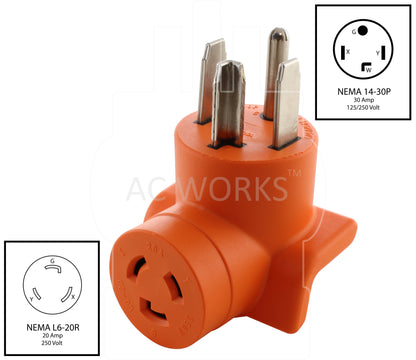 NEMA 14-30P 4-Prong Dryer Plug to NEMA L6-20R 3-Prong Industrial Locking Connector