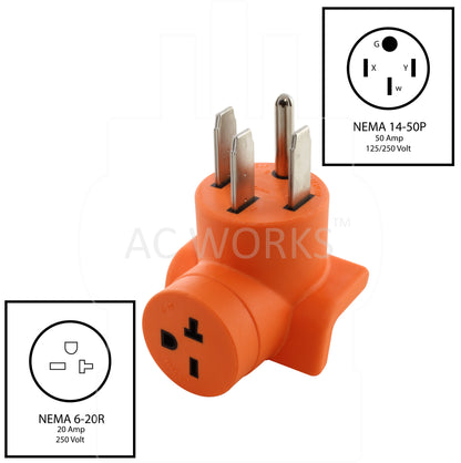 NEMA 14-50P 50 Amp Male Plug to NEMA 6-20R 20 Amp 3-Prong Female Connector