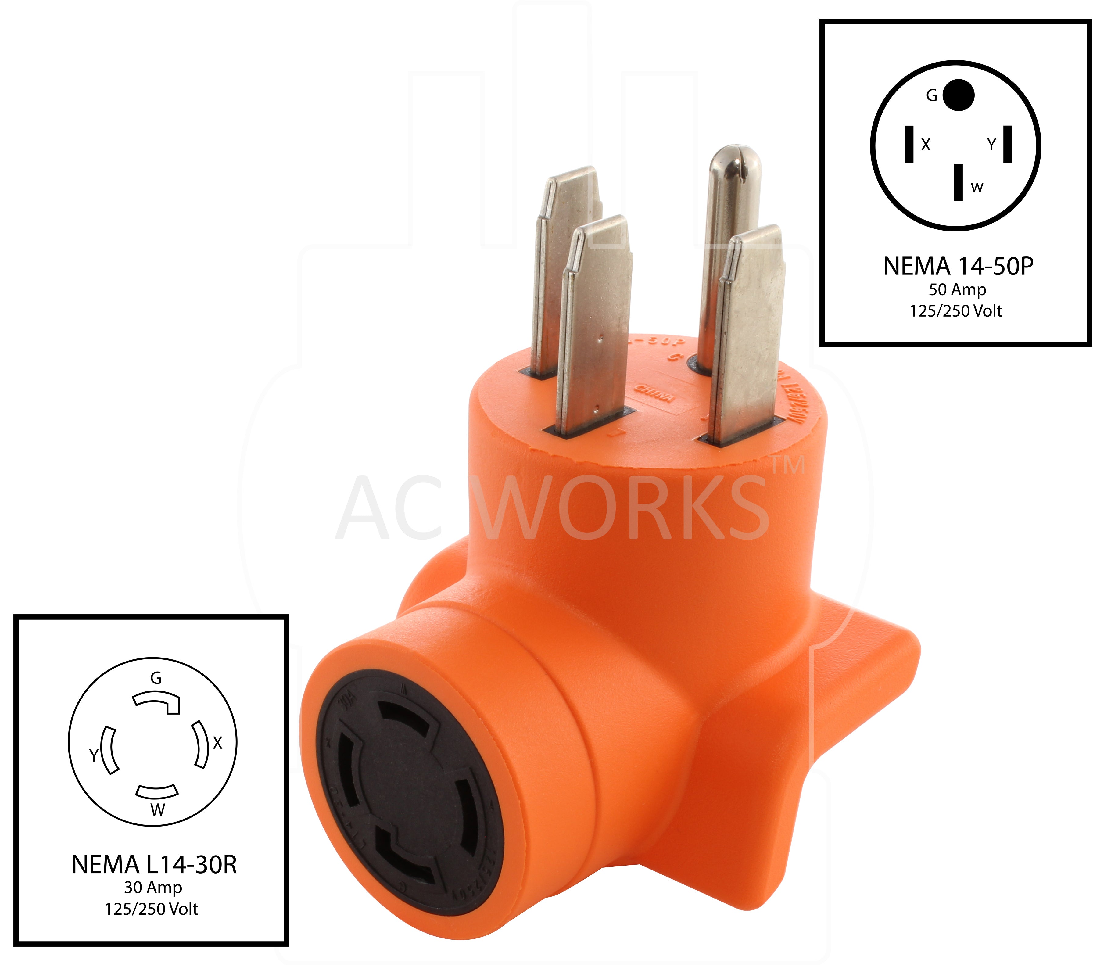 AD1450L1430, NEMA 14-50P to NEMA L14-30R, 1450 male plug to L1430 female connector, 4-prong range plug to 4-prong 30 amp  locking female connector