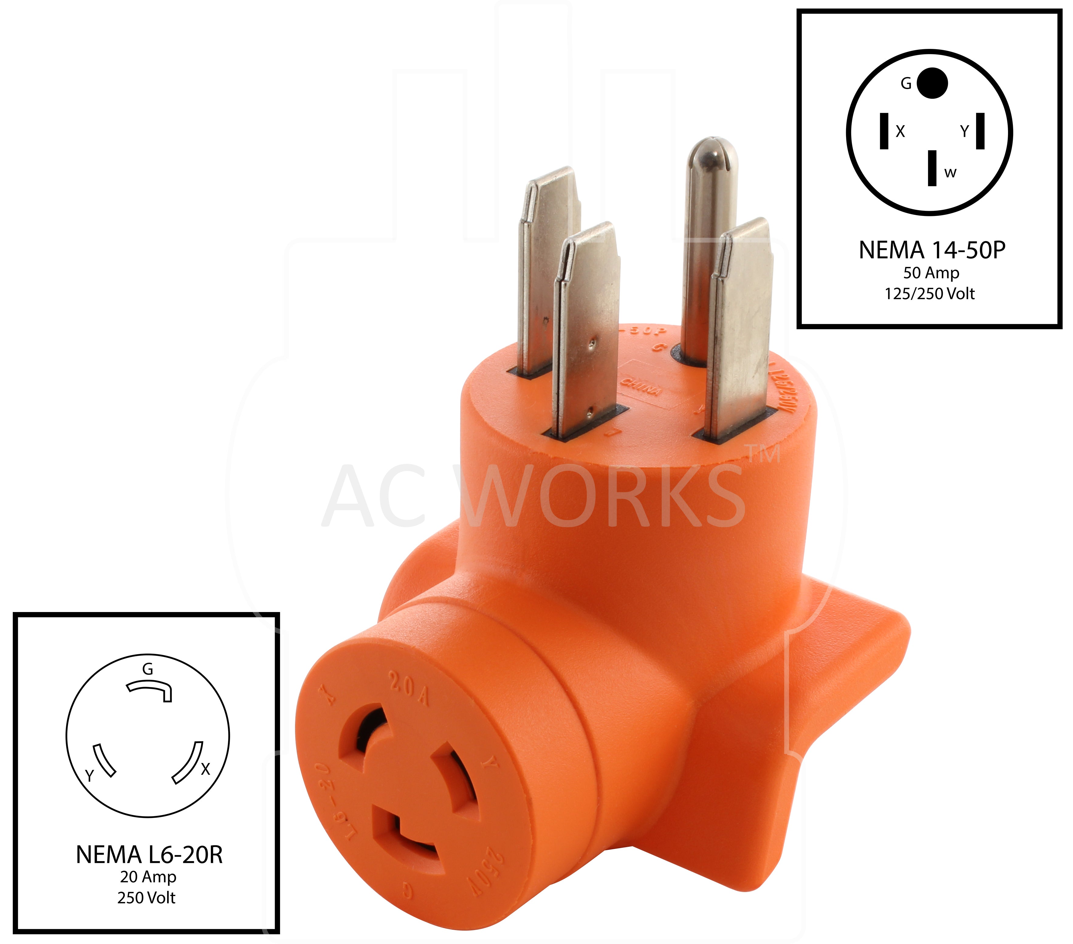 NEMA 14-50P to NEMA L6-20R adapter