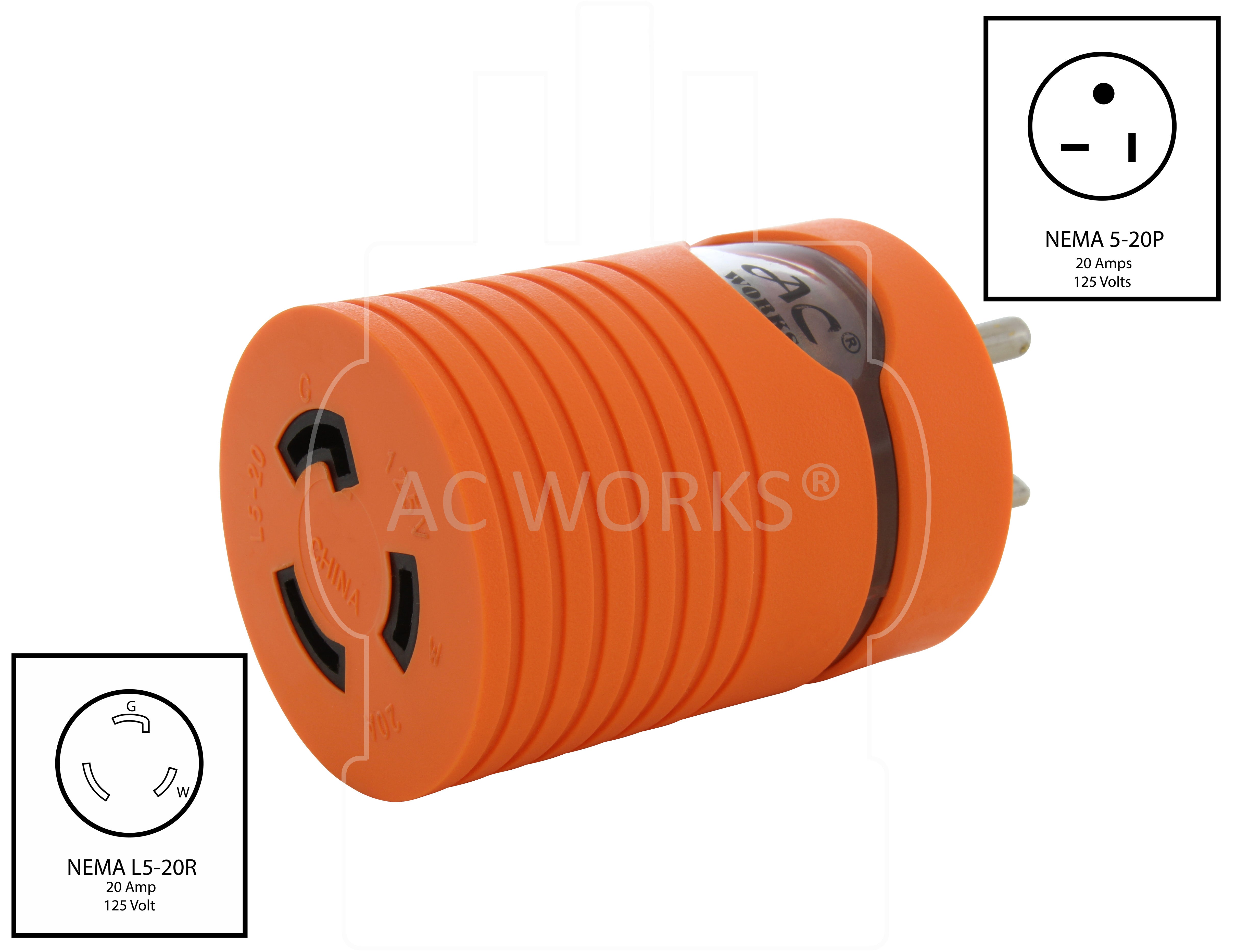 NEMA 5-20P to NEMA L5-20R 20A 125V 3-Prong Adapter