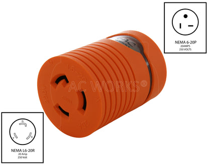 AC WORKS® [AD620L620] Adapter NEMA 6-20P 20A 250V Plug to NEMA L6-20R 20A 250V Locking Connector